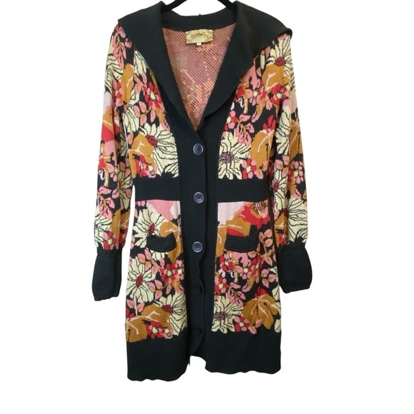 Lia Molly Anthropologie Floral Button Up Knit Hooded Cardigan Sweater Coat SZ S - Picture 1 of 13